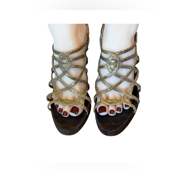 Salvatore Ferragamo Gold & Brown Suede Wedge Sandals - Picture 2 of 10